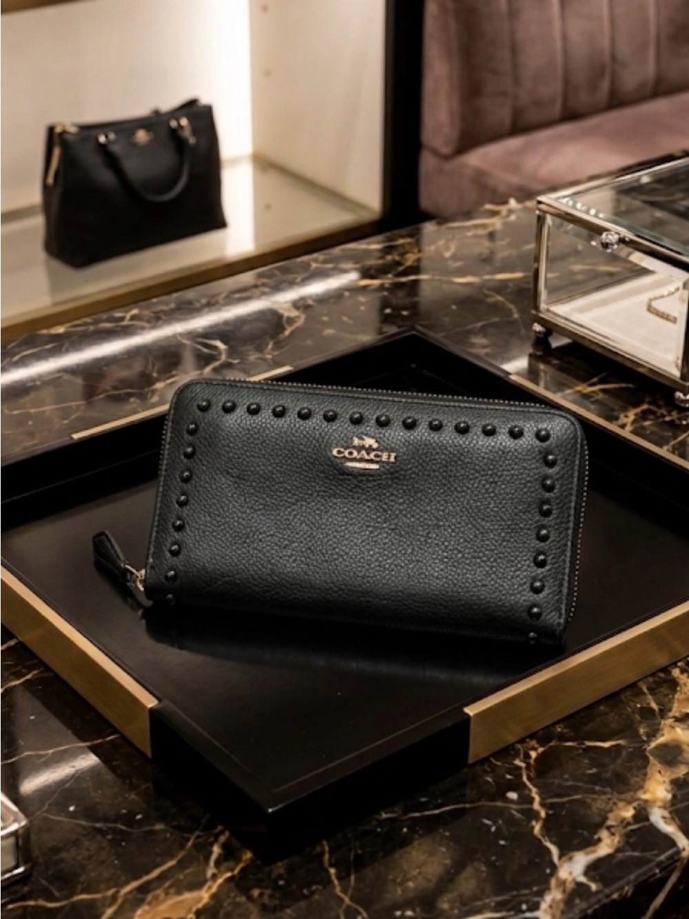 Coach Black Pebbled Leather Zip-Around Wallet with Stud Trim